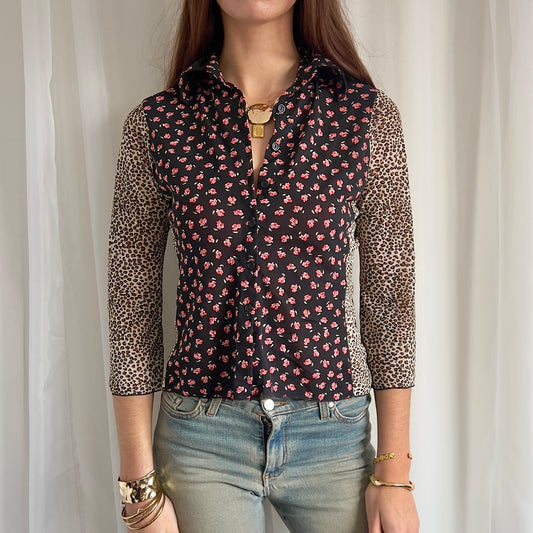 90s Floral Leopard Mesh Shirt - Size M