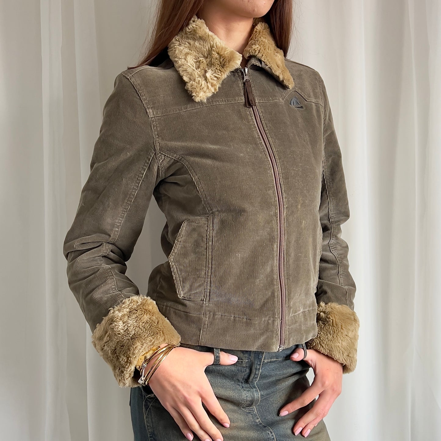 90s Corduroy & Faux Fur Zip Up Jacket - Size XS