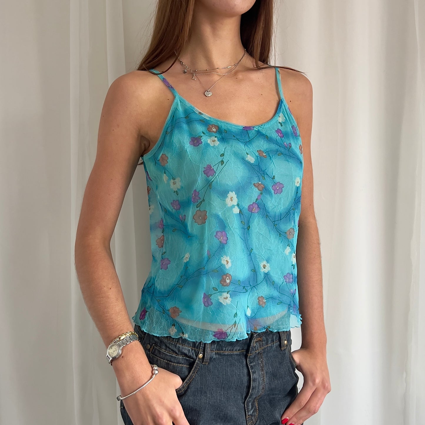 90s Floral Mesh Cami Top - Size L