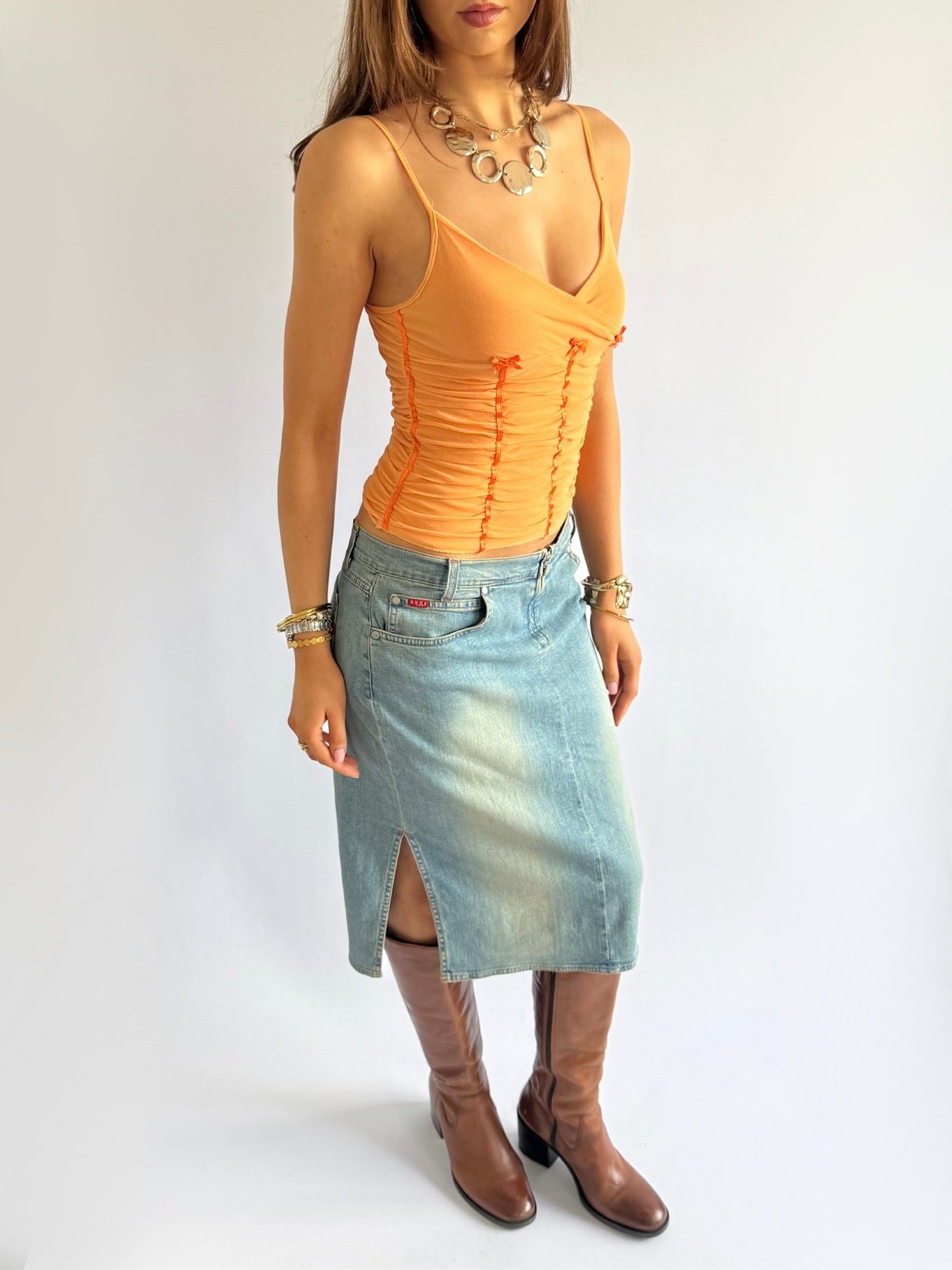 Ruched Mesh Bow Cami - Size XS