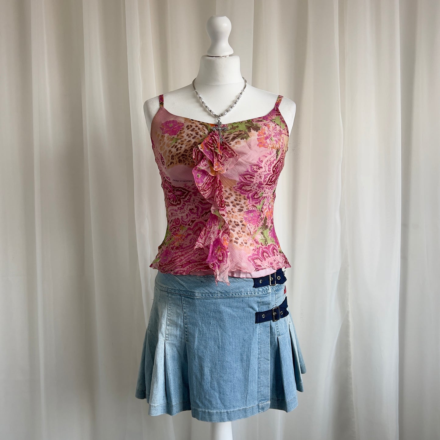 90s Floral Leopard Ruffle Cami Top - Size S