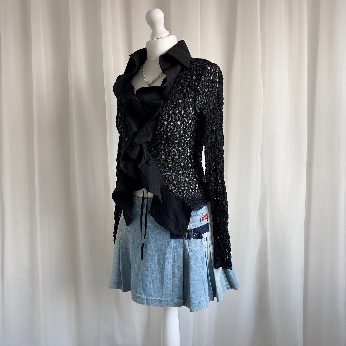 90s Sheer Lace Ruffle Shirt - Size S