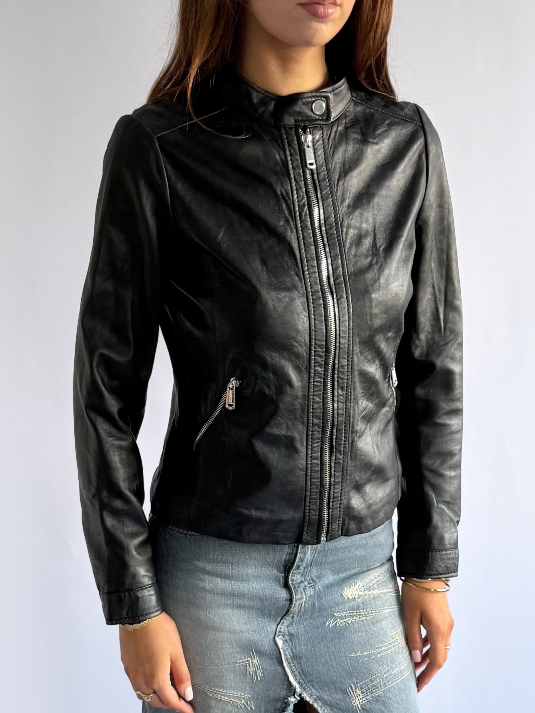 Genuine Leather Zip Jacket - Size M