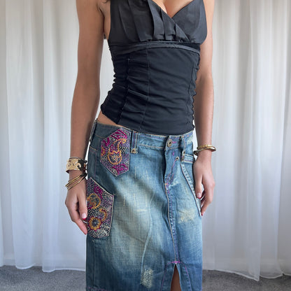 00s Embroidered Denim Midi Skirt - Size L