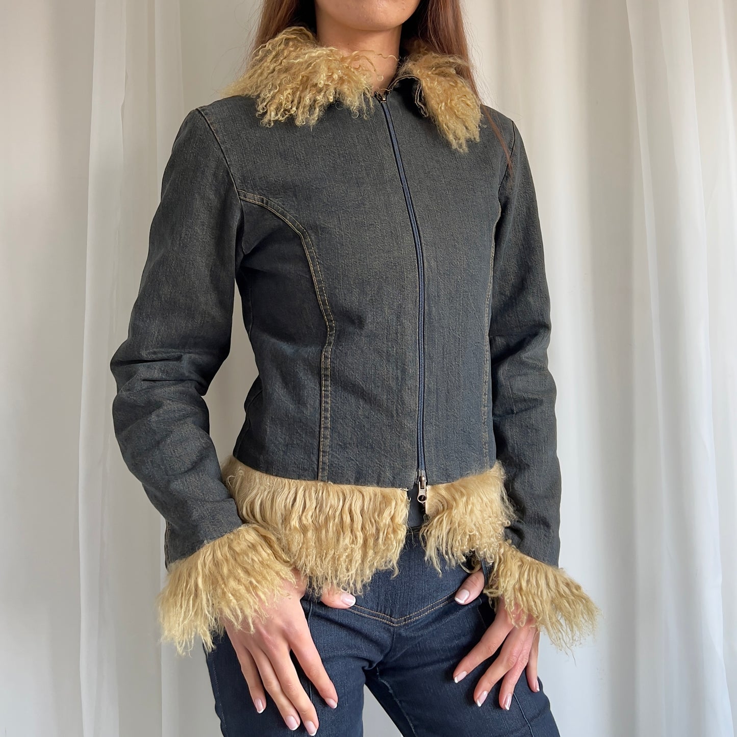 90s Denim & Fur Shearling Zip Up Jacket - Size S