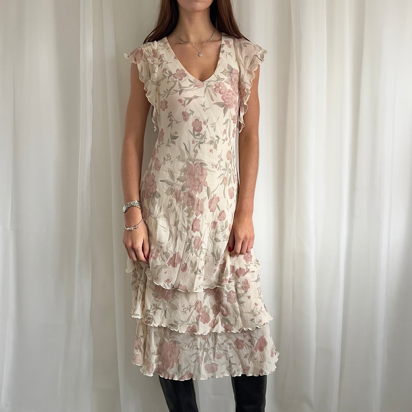 90s Floral Ruffle Midi Dress - Size M