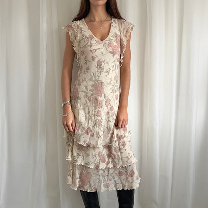 90s Floral Ruffle Midi Dress - Size M