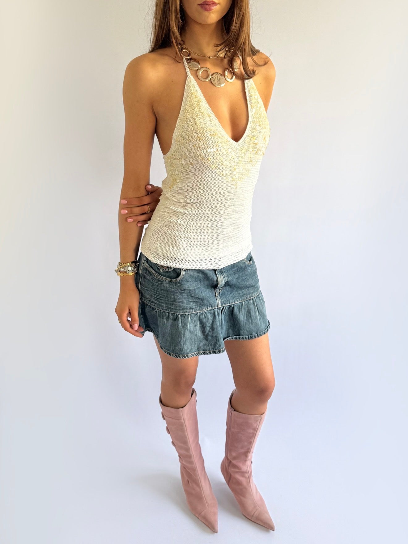 Crochet Sequin Halter Top - Size L