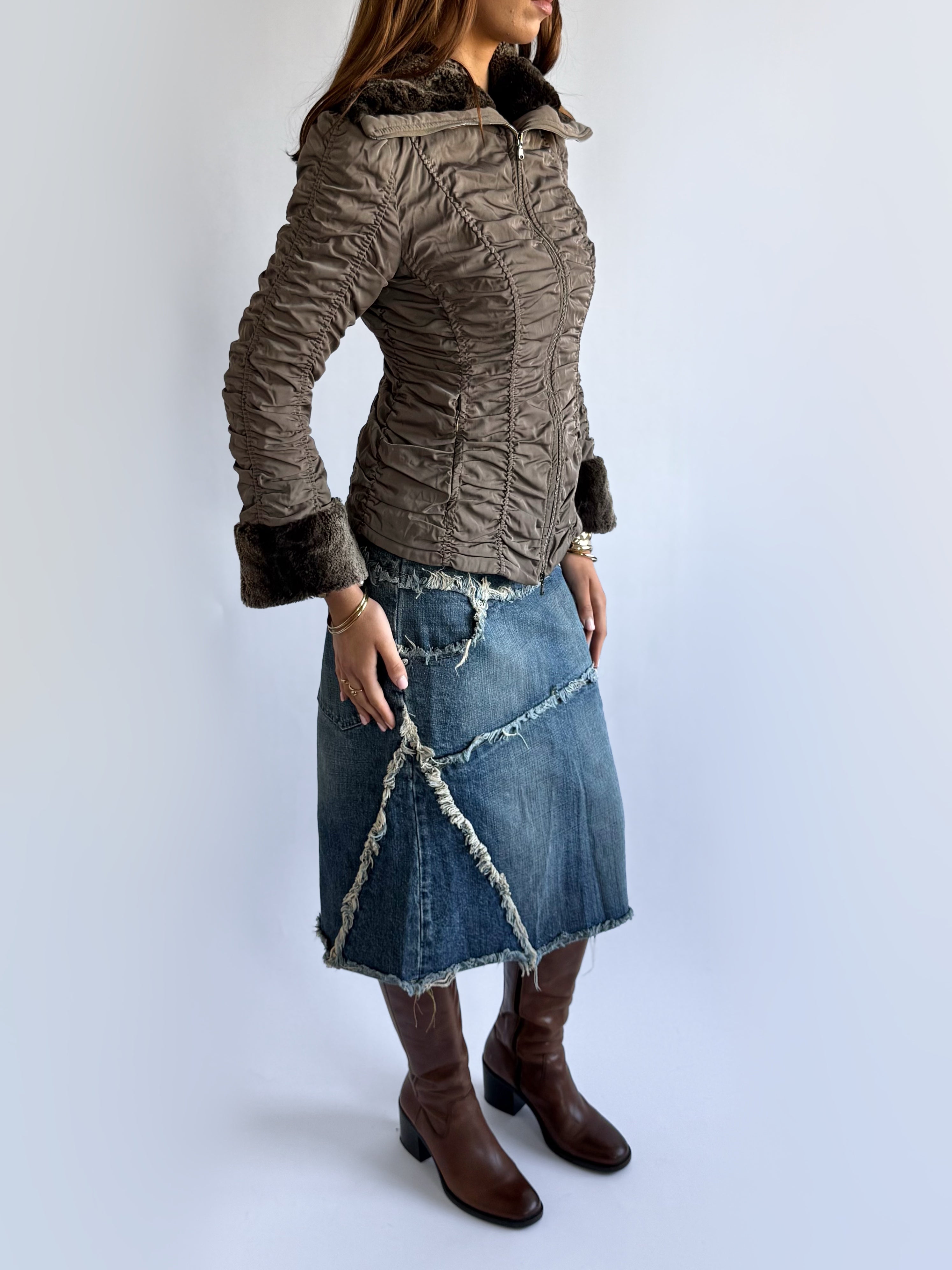 Faux Fur Ruched Puffer Jacket - Size S