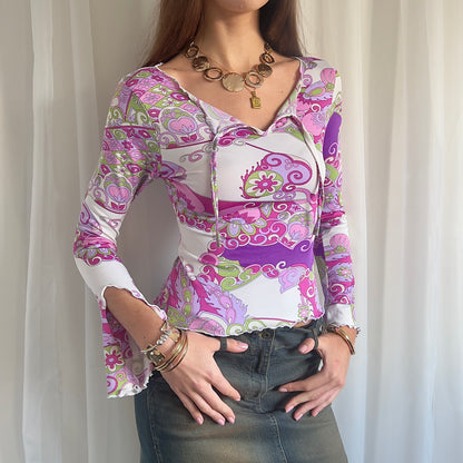 00s Paisley Flared Sleeve Top - Size M