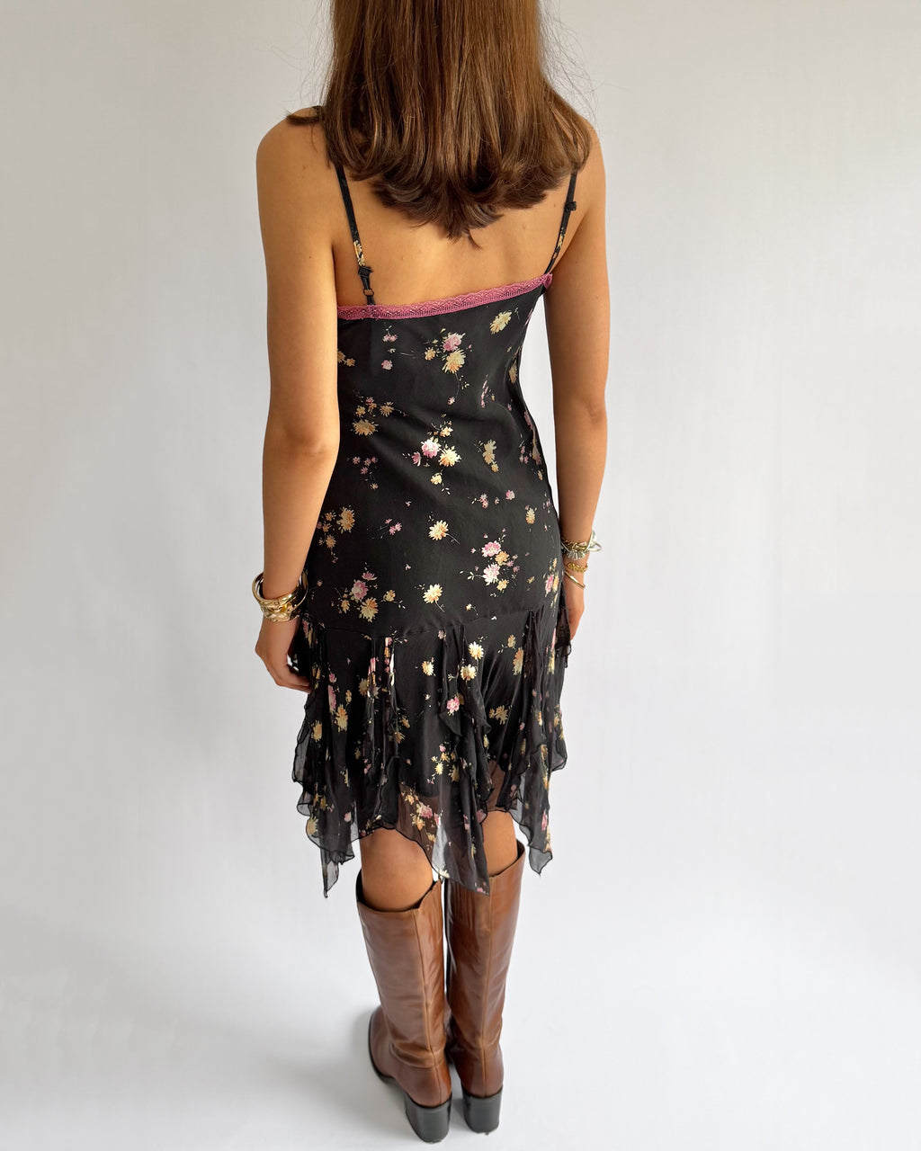 100% Silk Floral Asymmetric Midi Dress - Size L