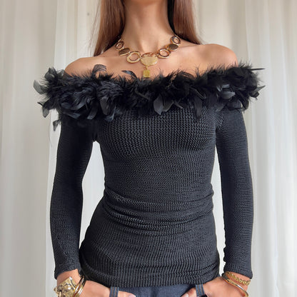 90s Bardot Knit & Feather Jumper - Size XS