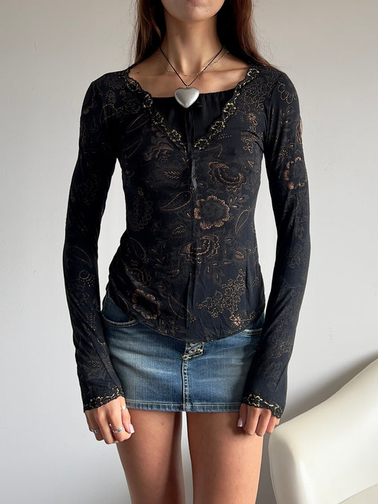 00s Paisley Lace Milkmaid Long Sleeve Top - Size M