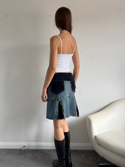 00s Corduroy & Denim Buckle Pleated Mini Skirt - Size M