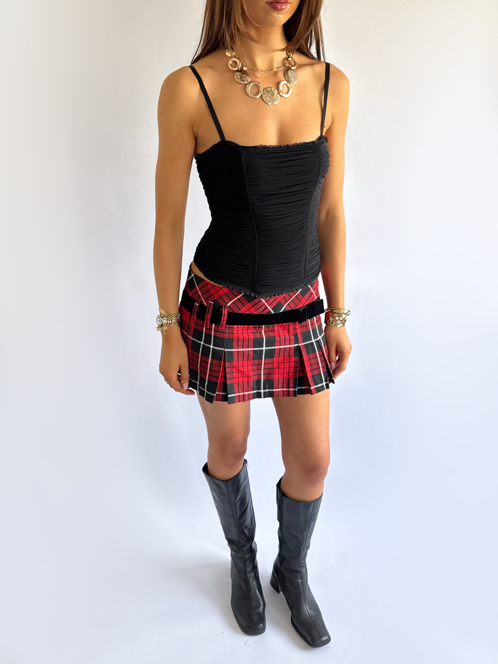 Plaid Pleated Micro Mini Skirt - Size S
