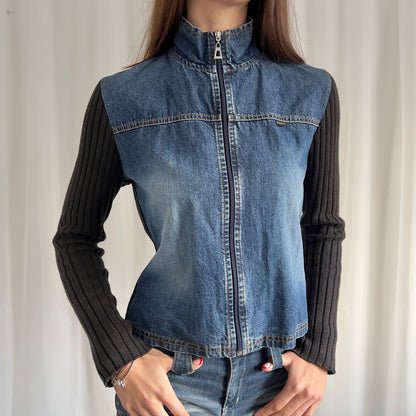 90s Denim & Knit Zip Up Jacket - Size M