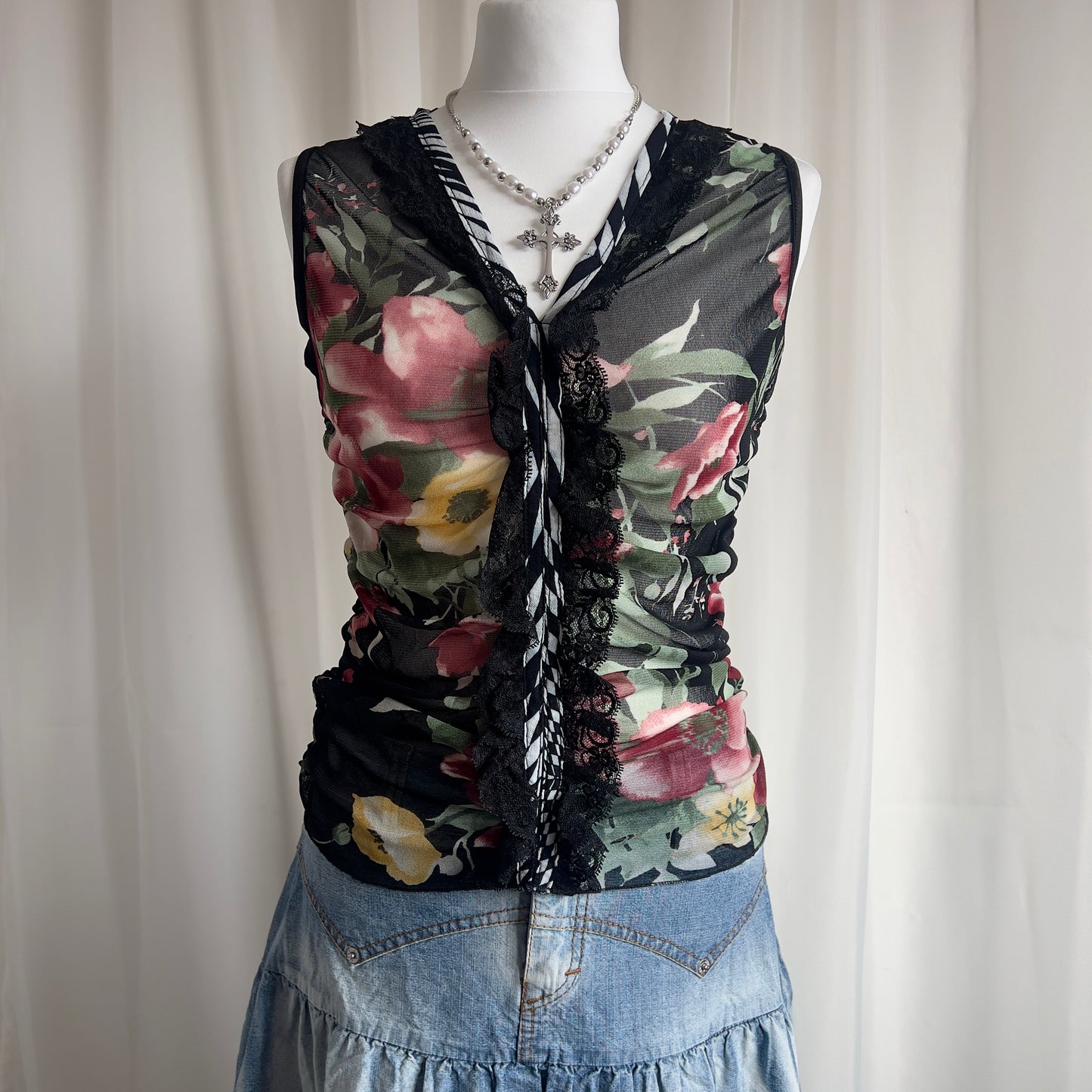 90s Floral Ruched Lace Top - Size S