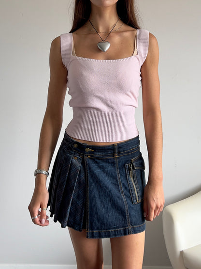 00s Denim & Plaid Pleated Mini Skirt - Size M