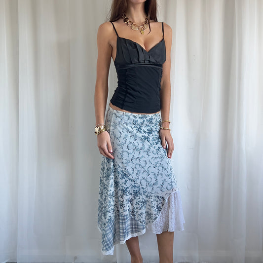 90s Lace & Floral Asymmetric Maxi Skirt - Size M