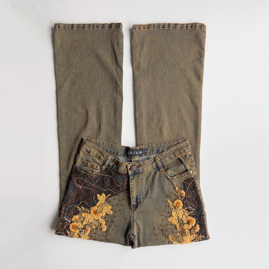 90s Beaded Floral Brown Washed Jeans - Size M