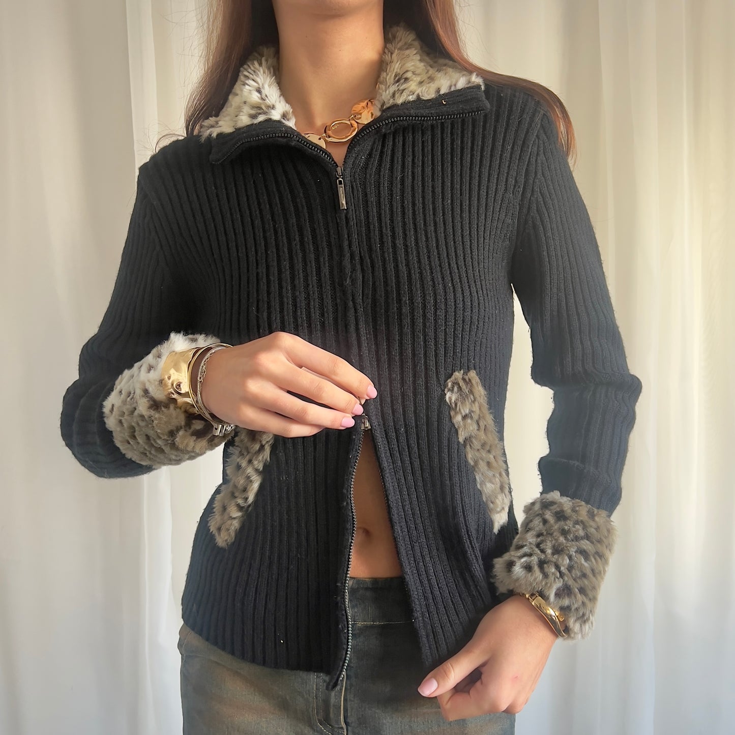 00s Knit & Faux Fur Double Zip Up Jumper - Size L