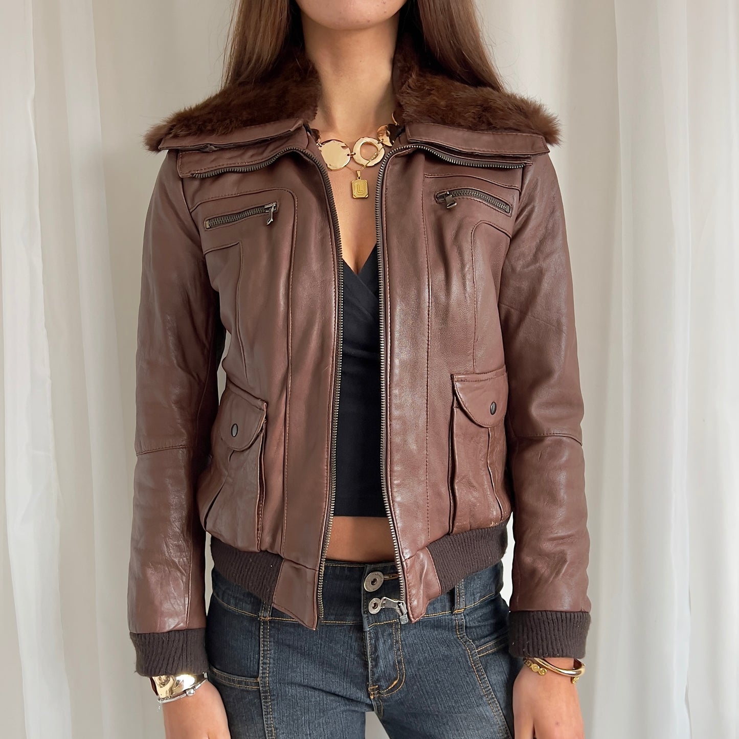 00s Leather & Fur Zip Jacket - Size L