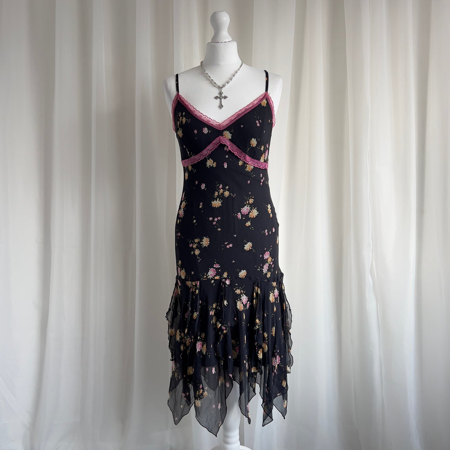 90s Floral Lace Asymmetric Midi Dress - Size M