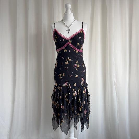 90s Floral Lace Asymmetric Midi Dress - Size M