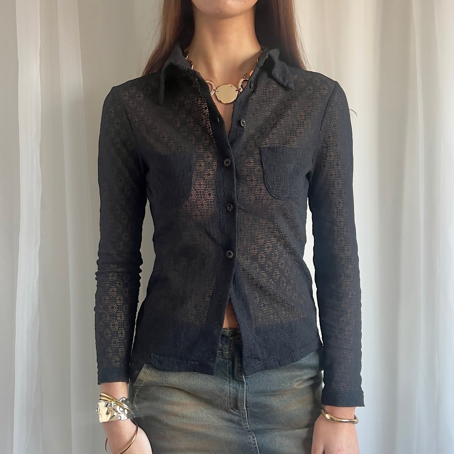 90s Sheer Lace Button Up Shirt - Size S