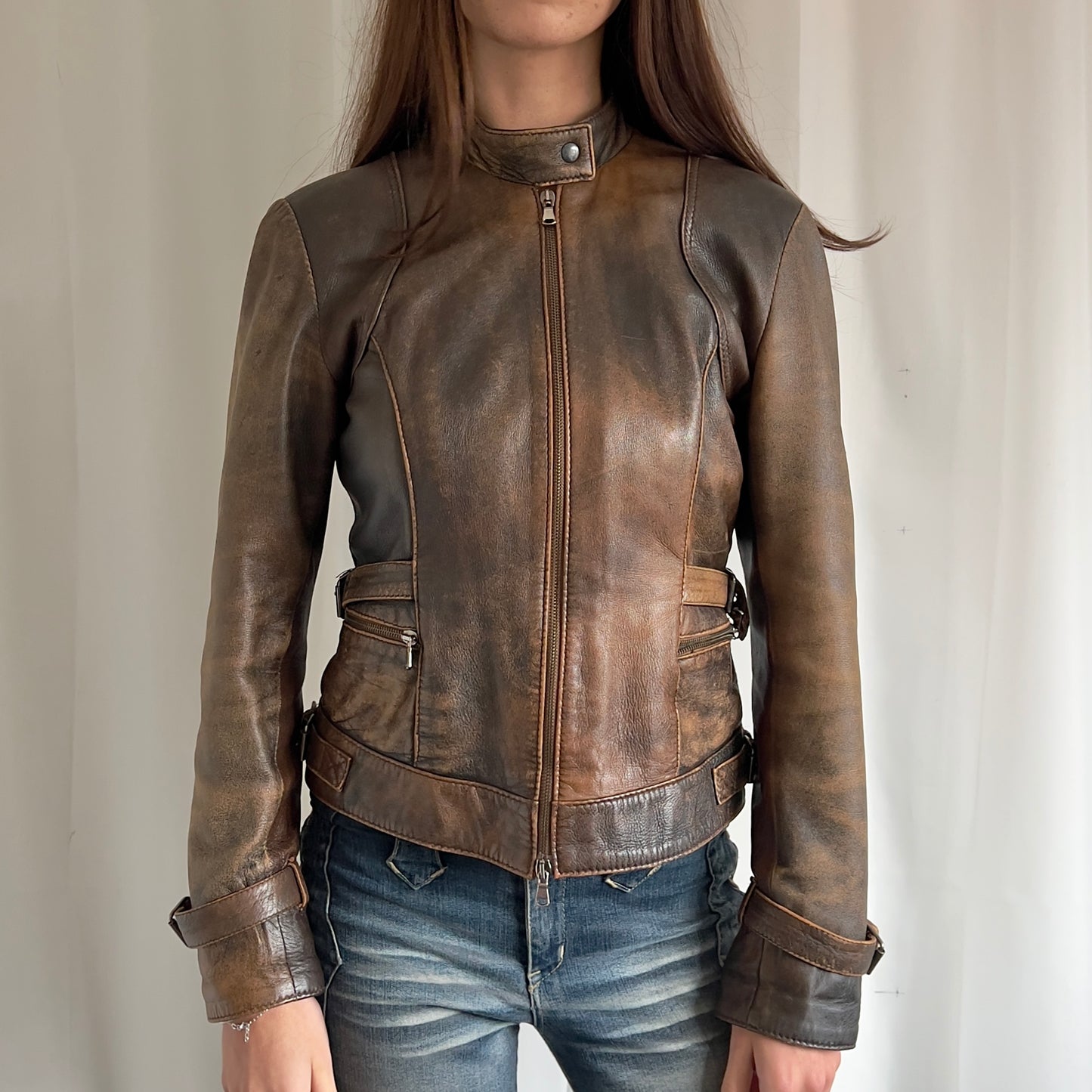 90s Leather Double Zip Jacket - Size M