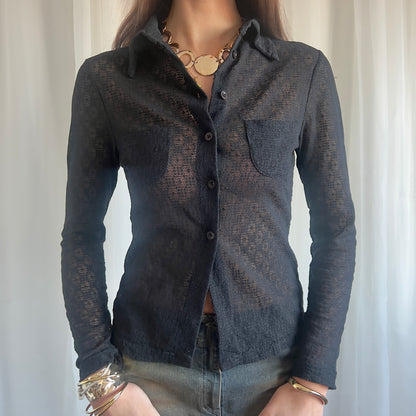 90s Sheer Lace Button Up Shirt - Size S