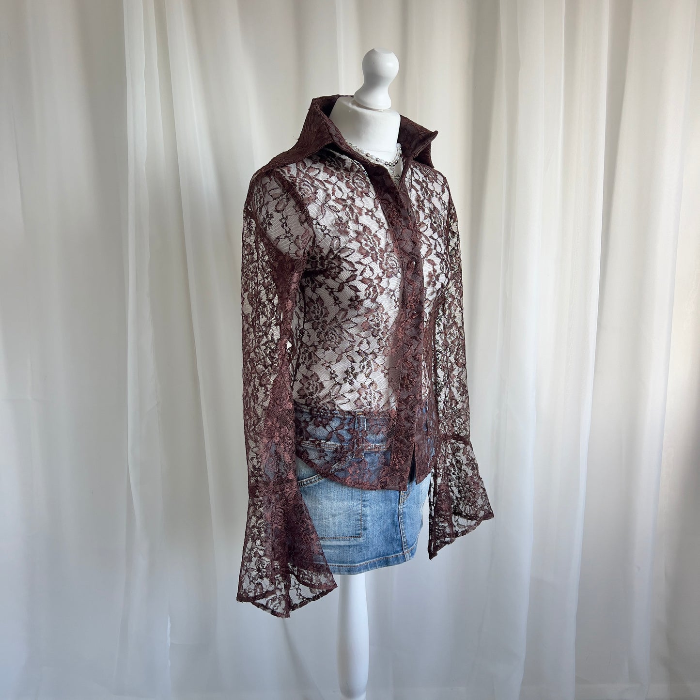 90s Sheer Lace Button Up Shirt - Size L