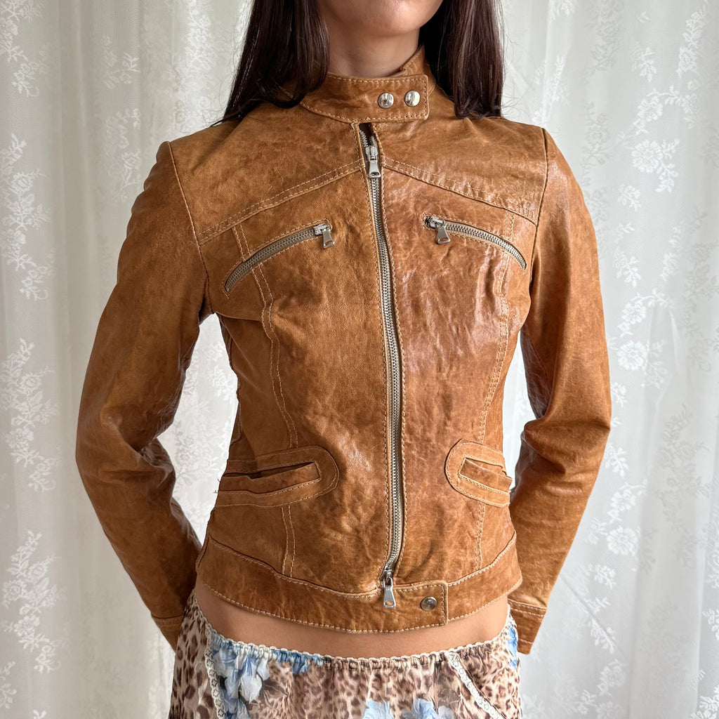 Genuine Leather Double Zip Jacket - Size S