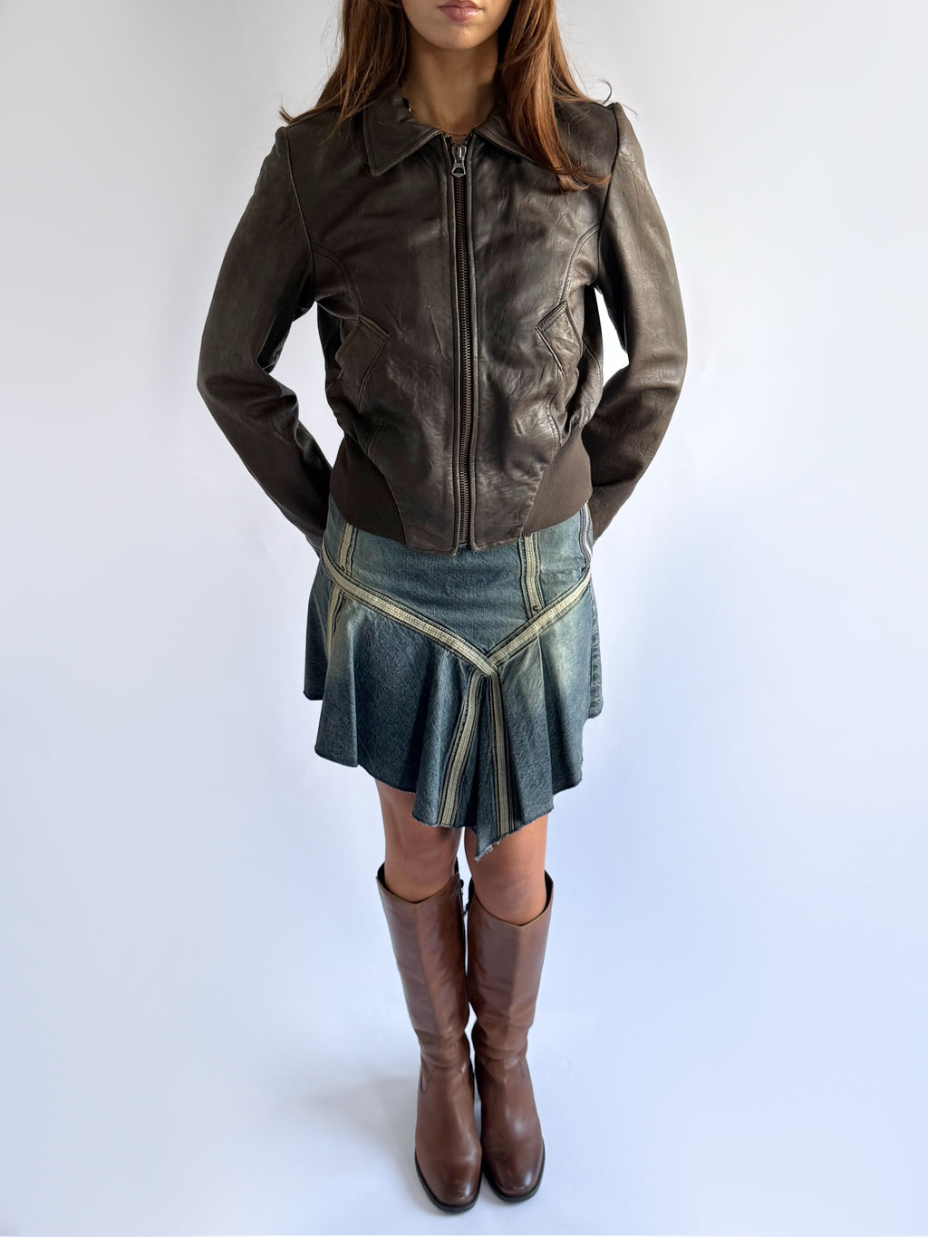 Genuine Leather Zip Jacket - Size L