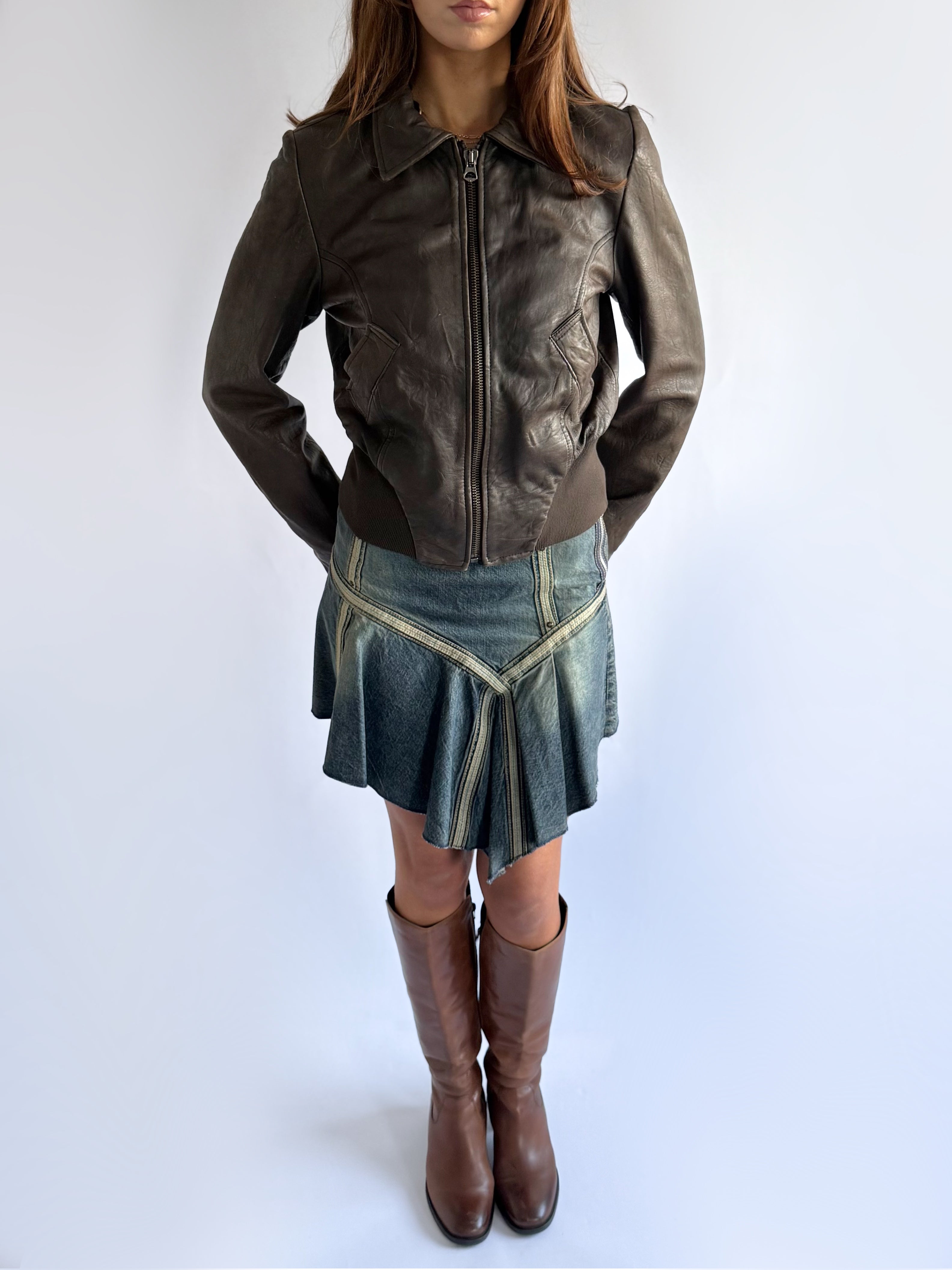 Genuine Leather Zip Jacket - Size L