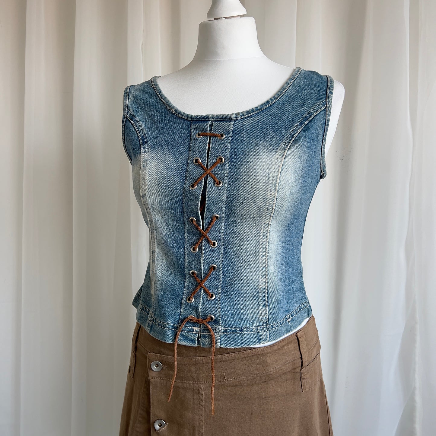 00s Denim Lace Up Crop Top - Size M