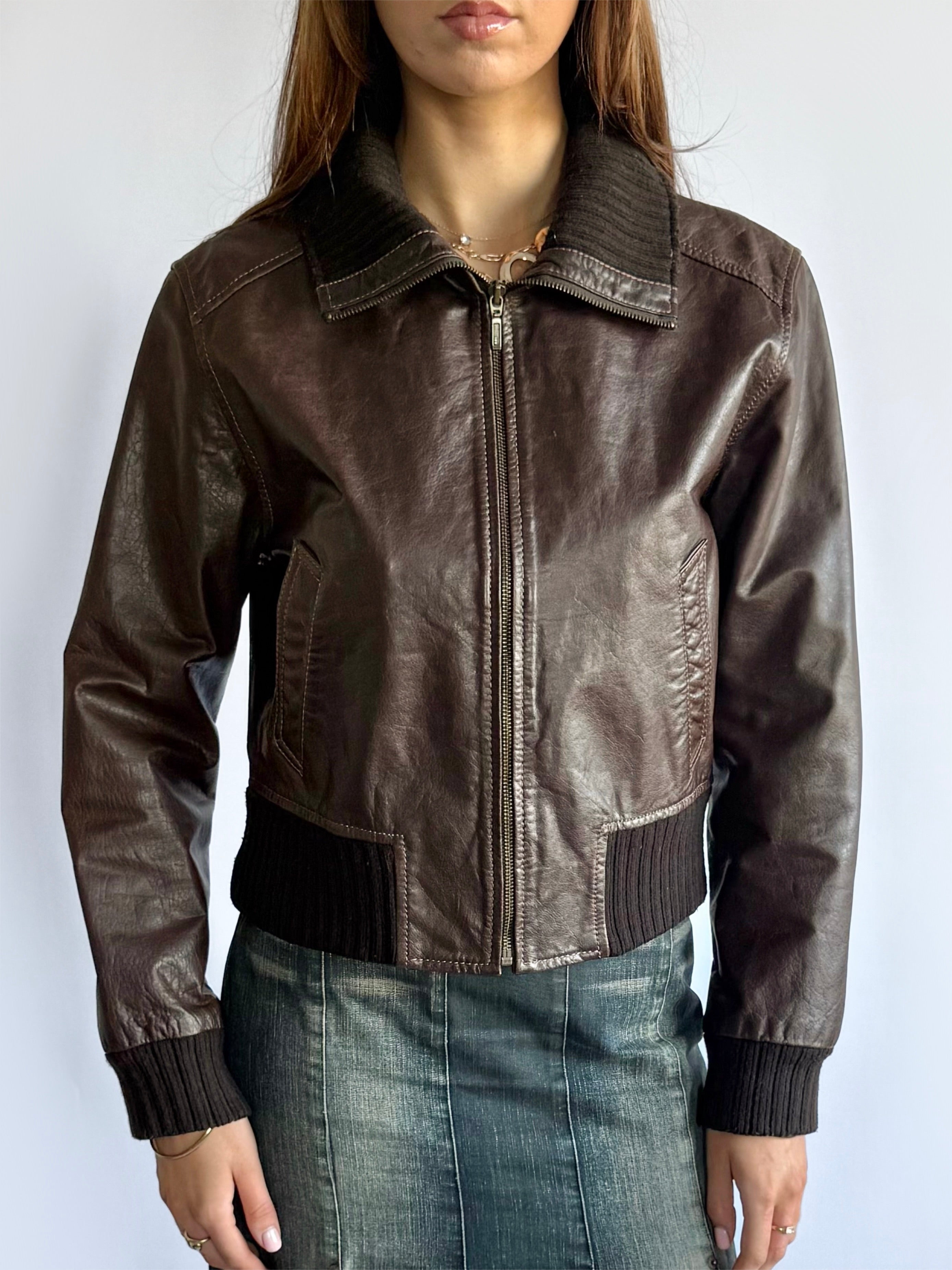 Genuine Leather Zip Jacket - Size M