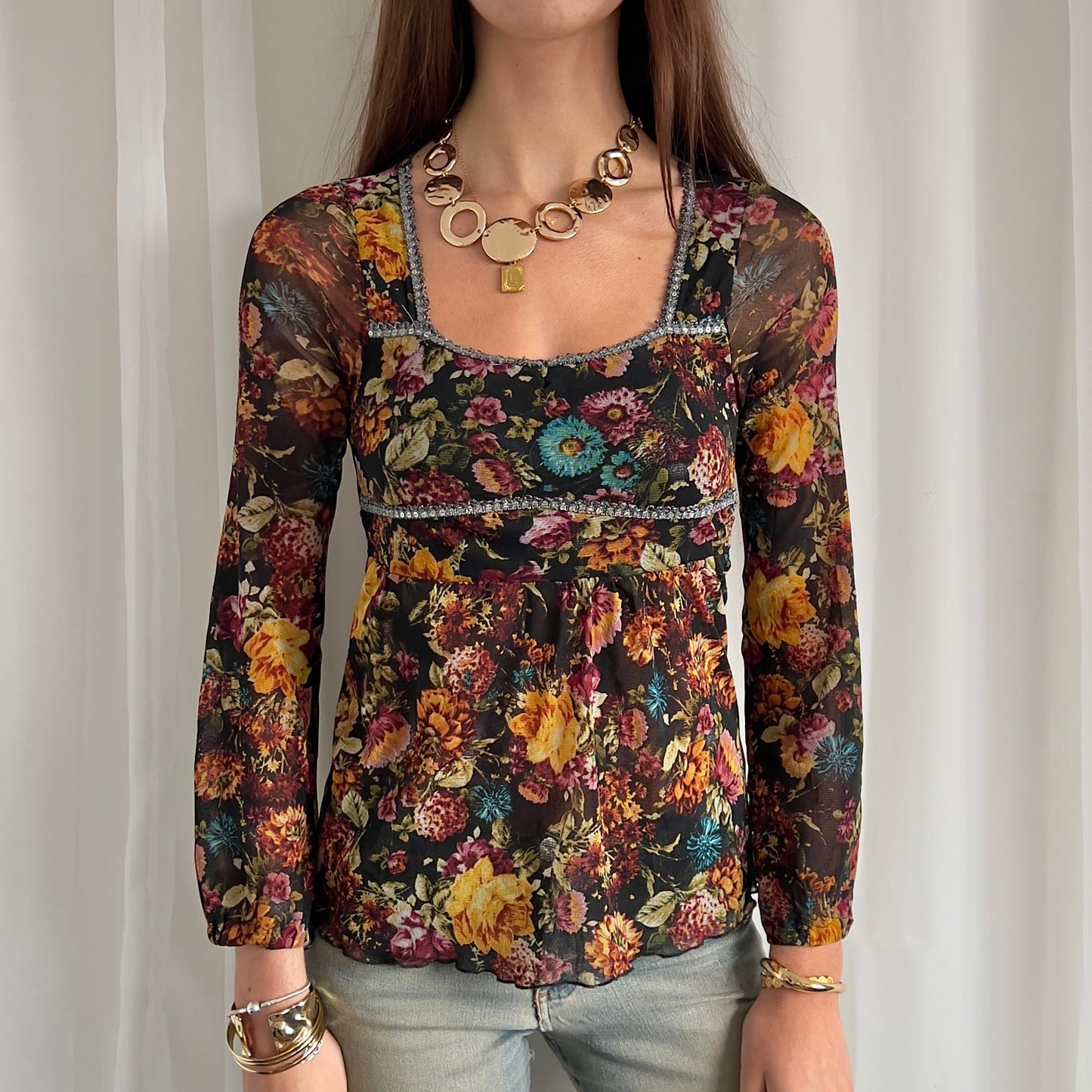 90s Floral Sheer Top - Size S