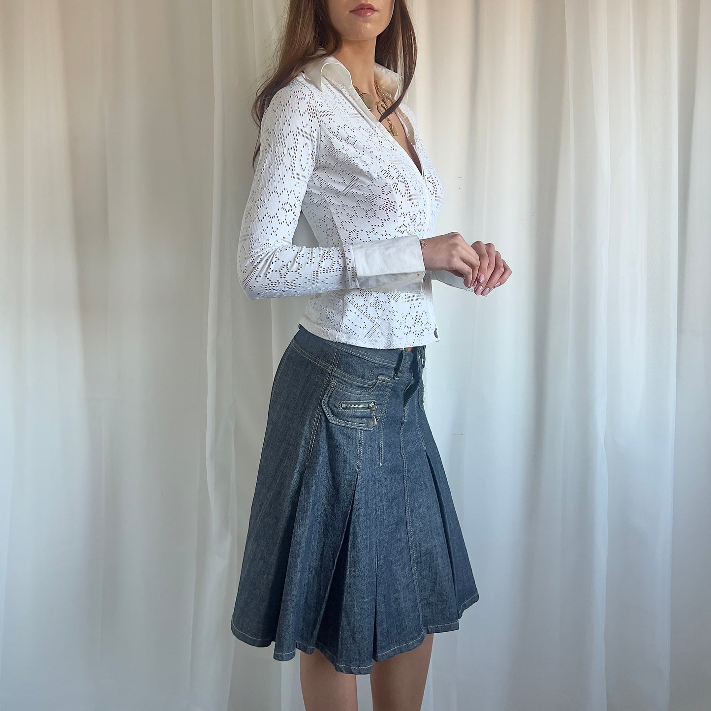 00s Denim Pleated Midi Skirt - Size M