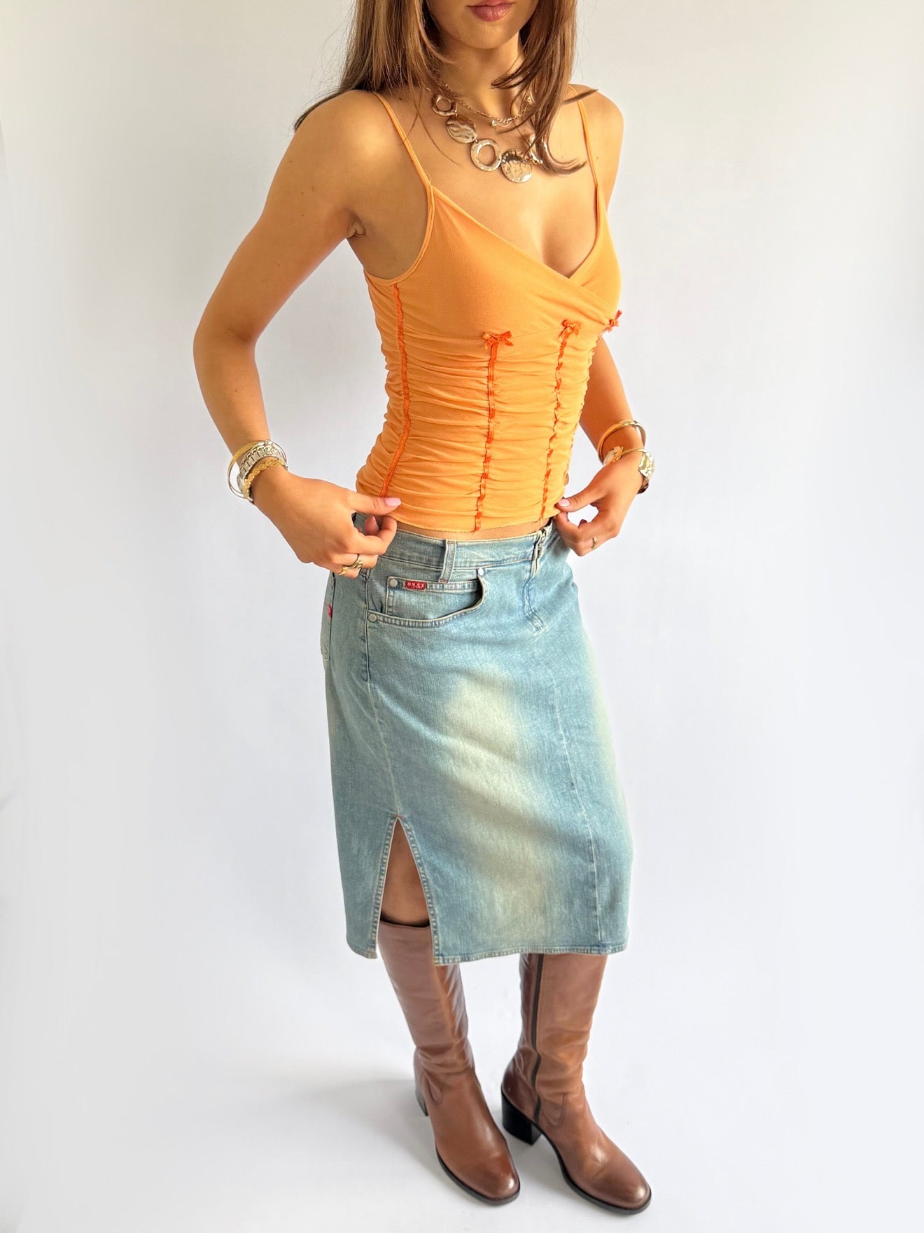 Ruched Mesh Bow Cami - Size XS