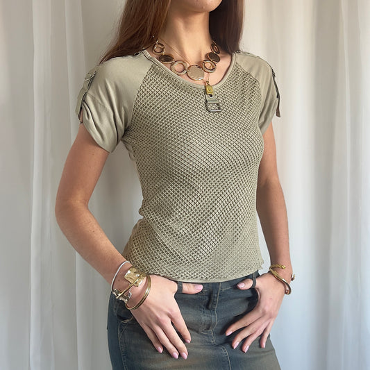 00s Fishnet Buckle Top - Size L