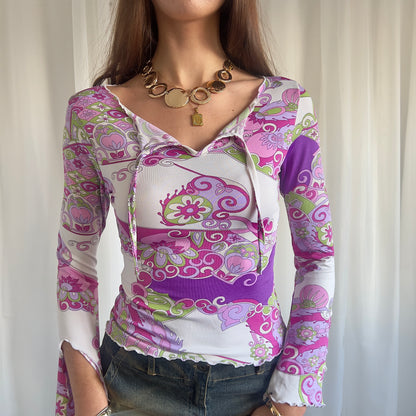 00s Paisley Flared Sleeve Top - Size M