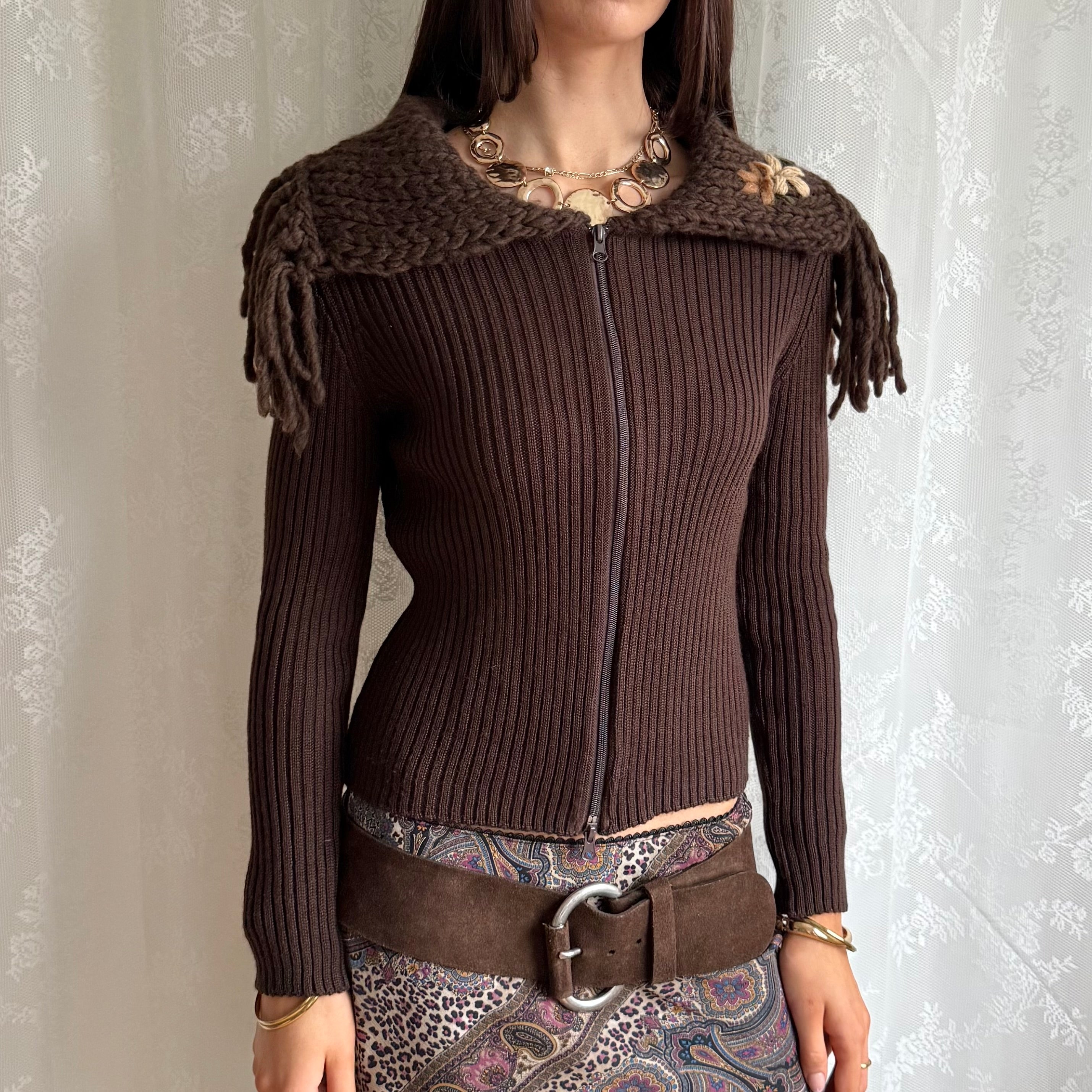 Wool Knit Double Zip Cardigan - Size S