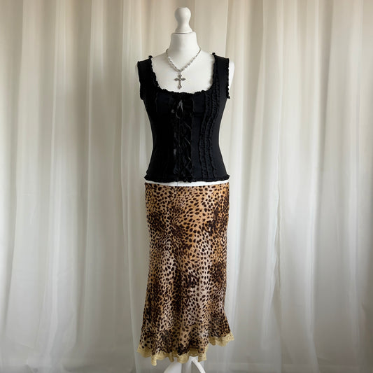 90s Asymmetric Leopard & Lace Midi Skirt - Size M