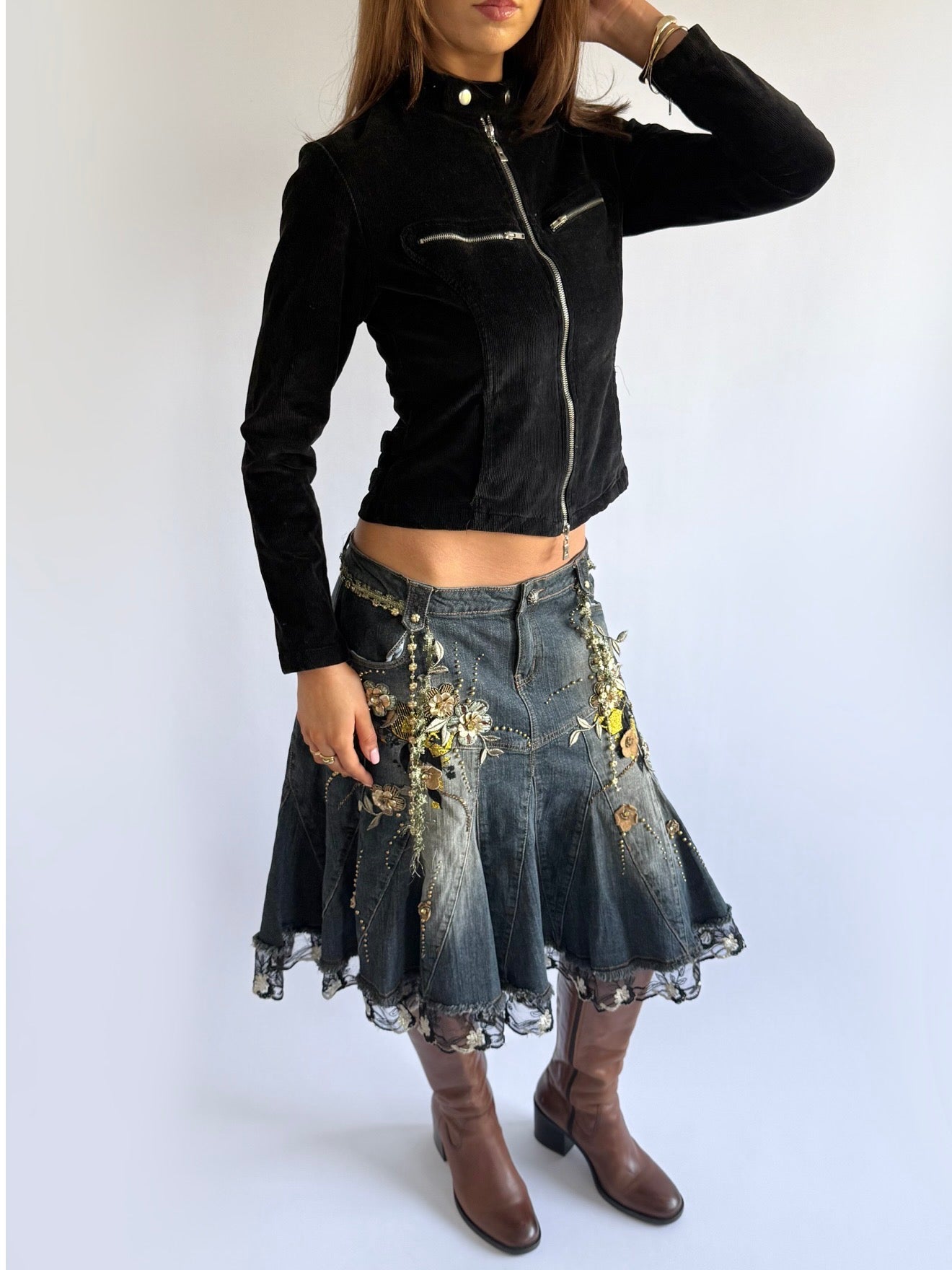 Corduroy Double Zip Up Jacket - Size S