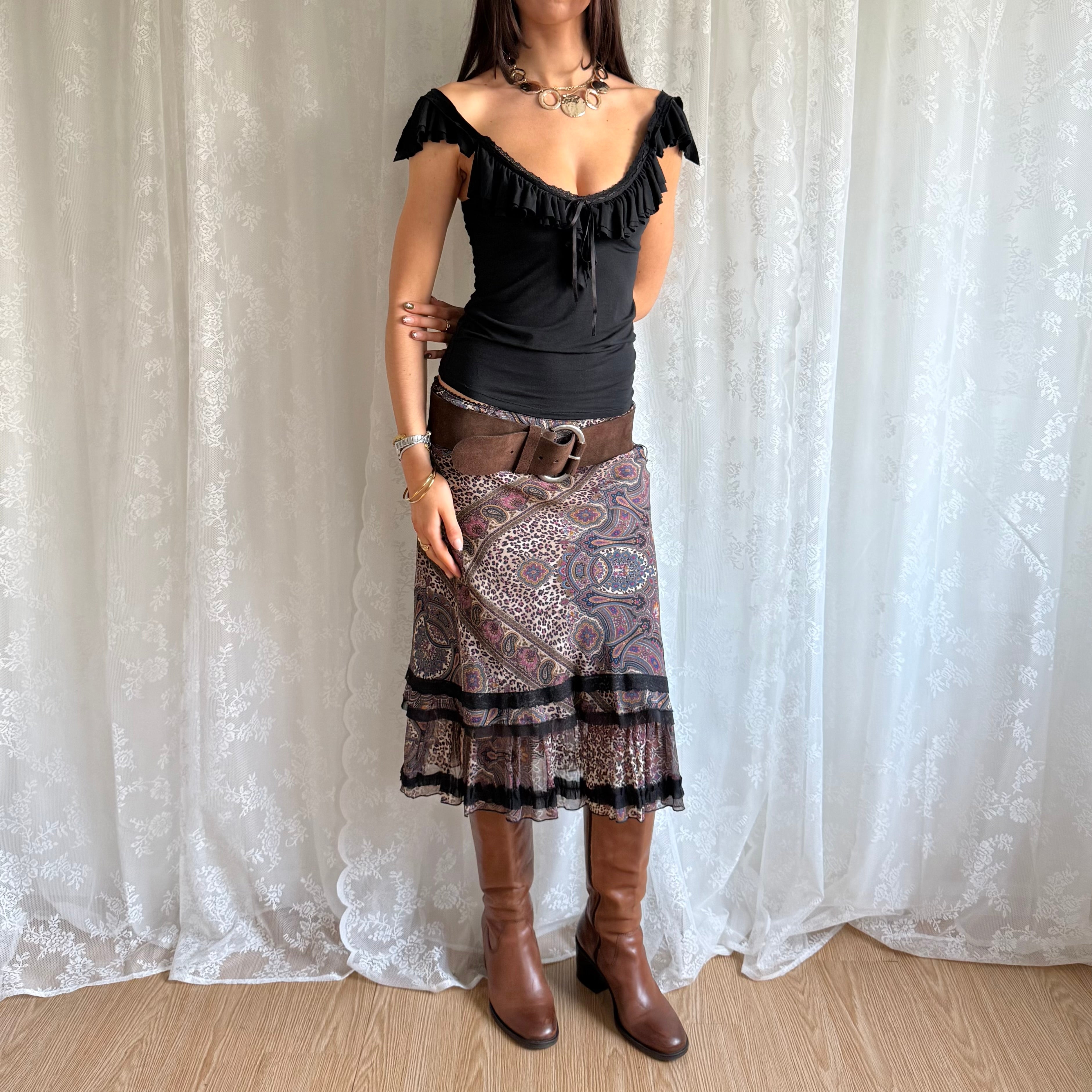 Leopard Floral Lace Midi Skirt - Size M