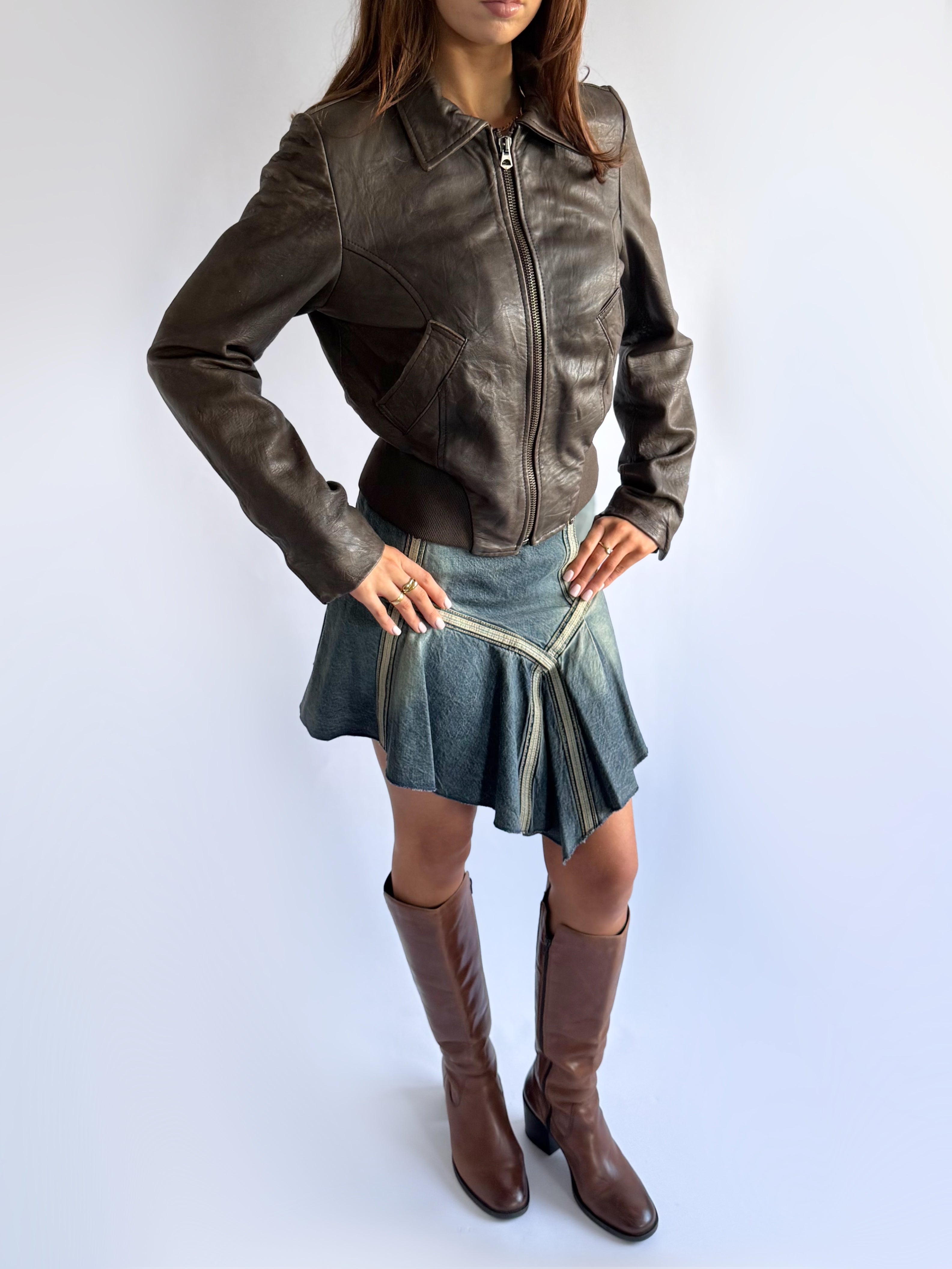 Genuine Leather Zip Jacket - Size L