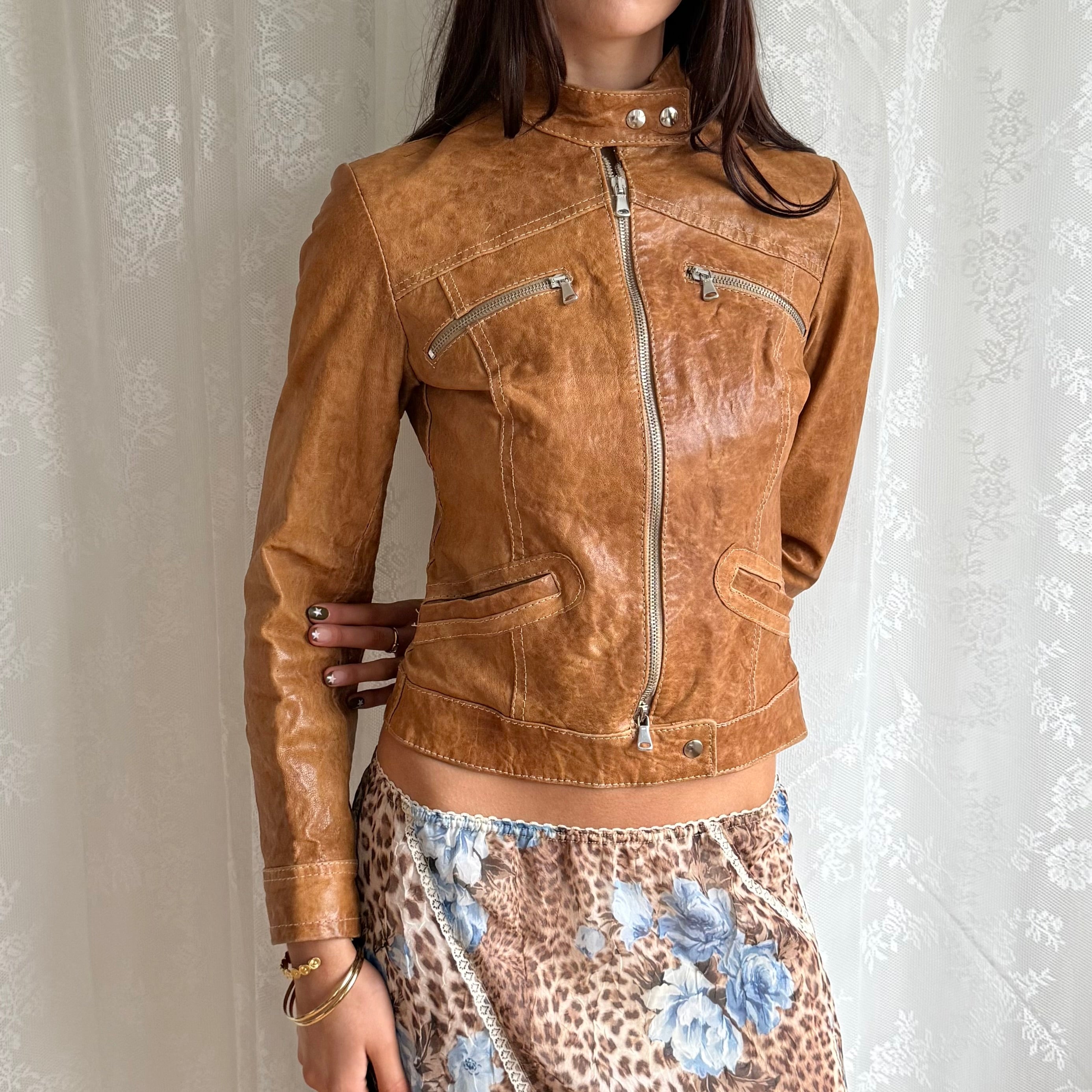 Genuine Leather Double Zip Jacket - Size S