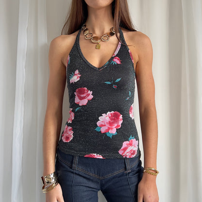 90s Floral Glitter Halter Top - Size M