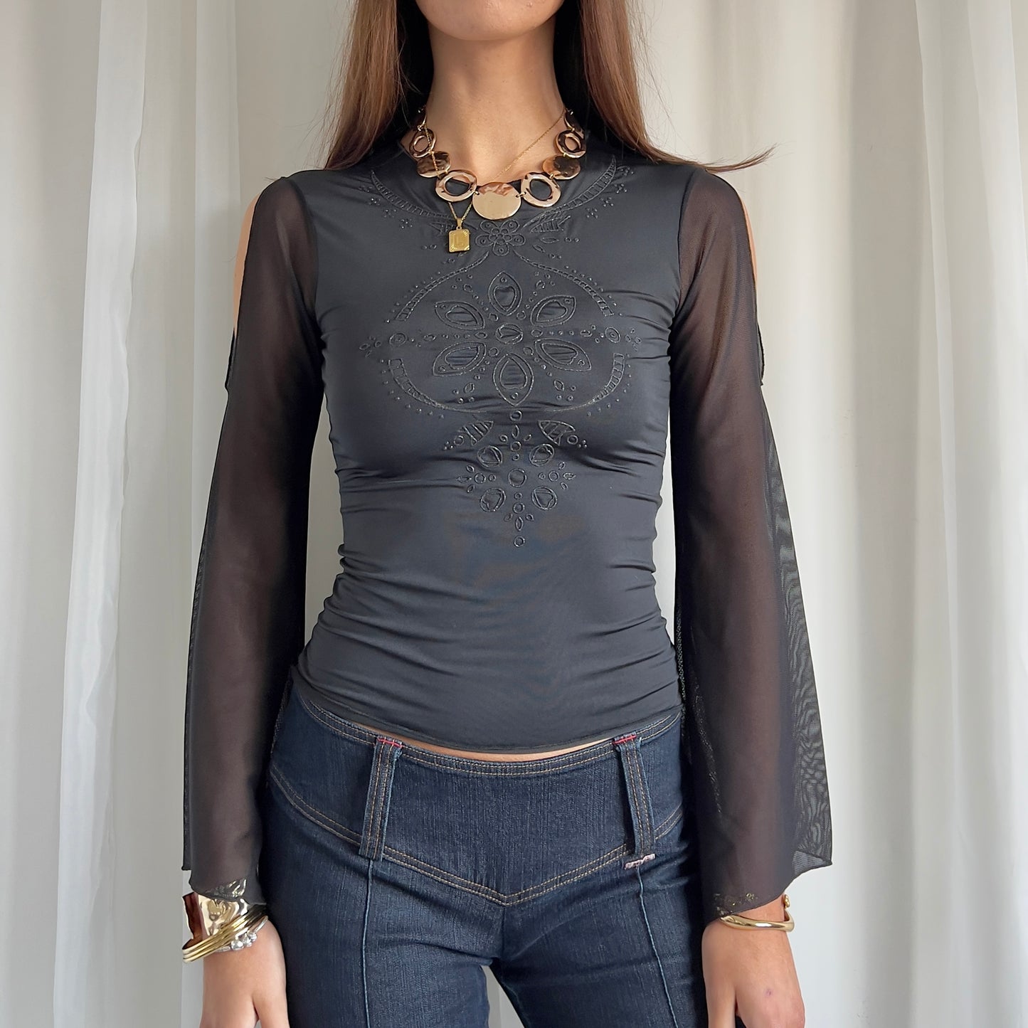 90s Mesh Flared Sleeve Top - Size S